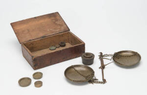 Gold scales and assorted weights in timber box, mid 19th century.