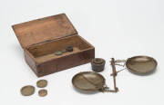 Gold scales and assorted weights in timber box, mid 19th century.