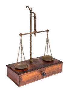 GOLD SCALES: Australian cedar 1 drawer base with brass balance top, mid 19th century. Height 59cm, width 47cm, 24cm