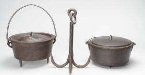 Blacksmiths manufactured grapple hook & two cast iron camp ovens. 19th century.