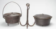 Blacksmiths manufactured grapple hook & two cast iron camp ovens. 19th century.