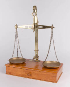 Gold scales, brass balance top marked "Dane & Scot", later timber box base, 19th century. 48cm