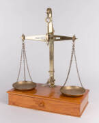 Gold scales, brass balance top marked "Dane & Scot", later timber box base, 19th century. 48cm