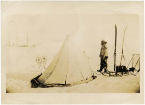 BELGICA Polar Expedition; silver gelatin photograph captioned verso "Dr. Frederick A.Cook gave me this photo. Shows him on the Belgian Expedition to the South Pole. Ship BELGICA is in background. Cook said the temperature was 40 below, when this picture w