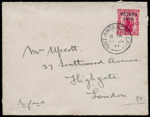 BRITISH ANTARCTIC EXPEDITION 1910-1913: 1911 (Jan.19) envelope sent by George Simpson (Expedition Meteorologist) to his sister in London; bearing the 1d Victoria Land stamp tied by "BRIT. ANTARCTIC EXPD" datestamp and with the "TERRA NOVA R.Y.S." crest pr