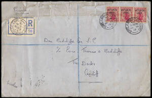 BRITISH ANTARCTIC EXPEDITION 1910-1913: 1913 (Jan.18) Registered B.A.E. cover to Cardiff bearing VICTORIA LAND 1d strip of 3 tied by the "BRIT.ANTARCTIC EXPD" datestamp, with a further strike on the blank type registration label (No.70). This was the date