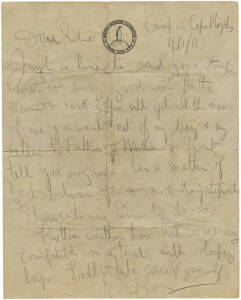 BRITISH ANTARCTIC EXPEDITION 1910 - 1913: RAYMOND EDWARD PRIESTLEY (1886-1974) Autograph letter signed "Ray" to his wife, Edith, dated 19 January 1911 at "Camp at Cape Royds"; a hurried note "to send you a stamp with every good wish for the season & next"