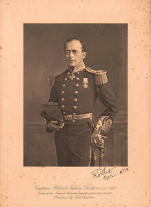 SCOTT of the ANTARCTIC: Portrait photograph with facsimile signature captioned "Captain Robert Falcon Scott R.N. C.V.G. F.R.G.I. Leader of the National Antarctic Expeditions 1901-04 & 1910-1912. Born June 6th 1868. Died March 1912. in original timber fram