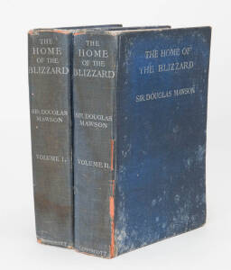 "THE HOME OF THE BLIZZARD Being the Story of the Australian Antarctic Expedition, 1911-1914." by Sir Douglas Mawson. Complete 2 volume set, bound in original dark blue cloth. [Lippincott Company, Philadelphia, ND (1915)]. Illustrated in colour and black &