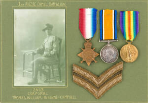 ANZAC Camel Corps group of WW1 service medal belonging to Corporal Thomas William McKenzie-Campbell 1st Battalion Imperial Camel Corps kill in action 11th of April 1918, buried at Jerusalem War Cemetery. Medals: 1914-15 Star, British War medal, Victory me