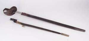 British pattern 1889 naval cutlass with scabbard & an Enfield pattern 1853 socket bayonet with scabbard, stamped "W.D" with broad arrow mark. Both recovered from a property at Eaglehawk Neck Tasmania in the early 1960s. (2 items)