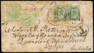 1904 (Oct.3) taxed cover India to Gympie Qld., addressed to "Lt. Colonel G. Patterson / Wyde (Wide) Bay Mounted Infantry / Queensland Defence Forces", franked 1 anna and taxed 3d, stamps tied by " Secretariat Buildings Simla" cancel. Brisbane & Gympie b/s