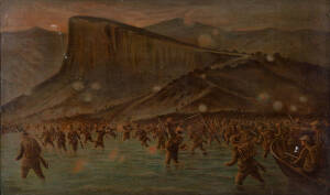 LANDING AT GALLIPOLI, colour lithograph, c1918, very unusual interpretation of the landing at Anzac Cove in original frame, size 42x70cm.