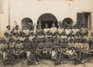 WW1 group photograph of the 22nd Battalion A.I.F. Machine gun school of instruction taken in Egypt. Reverse fully captioned with names including Camp Adjutant. Lt. Col. Coulston & machine gun instructor Sgt. Major Jones. 28 x 20.5cm