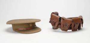 Australian WW1 period leather bandolier; slouch hat circa 1943 & 2 peaked caps. (4 items)