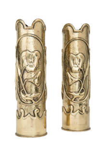 TRENCH ART: Pair of WW1 period artillery shells with floral motifs. 30cm