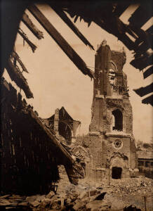 [Ruined Church Tower of Villiers Bretonneux], rare large format toned silver gelatin photograph, 1918/1920s, size 98x75cm, in original frame with archival backing. Ref: Australian War Memorial #E02155.