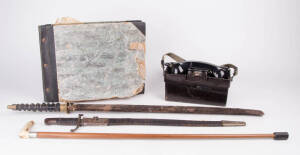 Military group, WW2 period, RAAF & other: WW2 photo album belonging to Flight Lieutenant William Leeds (411499)' RAAF tunic, hat bands (2), field phone, walking stick, Japanese sword, bayonet, canvas bags, flying vest, book "British Honour Roll", soft cap