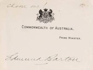 SIR EDMUND BARTON (1849-1920, 1st Prime Minister of Australia), nice signature on piece with "Commonwealth of Australia, Prime Minister" letterhead.