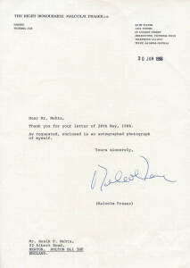 MALCOLM FRASER (22nd Prime Minister of Australia), signatures on two letters on his letterhead; plus signed photograph.