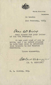 SIR ROBERT MENZIES (1894-1977, 12th Prime Minister of Australia), signature on 1965 letter on "Prime Minister, Canberra" letterhead. Together with Christmas Card (unsigned).