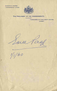 EARLE PAGE (1880-1961, 11th Prime Minister of Australia), nice signature dated 1/1/60 on "Parliament of the Commonwealth, Commonwealth Parliament Offices, Sydney" letterhead.
