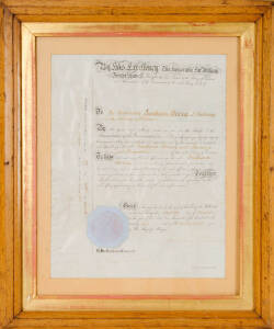 Government Appointment of the Honorable Graham Berry to become Premier & Treasurer of the Colony of Victoria in 1875, signed by Graham Berry & Sir William Foster Stawell, Chief Justice of the Colony of Victoria. Blind embossed seal, mounted & framed. 35 x