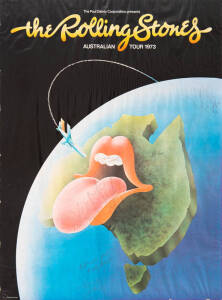 "THE ROLLING STONES, Australian Tour 1973", colour process lithograph, autographed by the band, with 8 signatures including Mick jagger, Keith Richards, Bill Wyman, Charlie Watts & Nicky Hopkins, size 80x59cm.