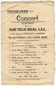 Dame Nellie Melba concert programme to the soldiers of Tidworth Garrison 12th June 1926