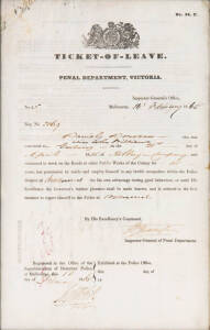 Ticket Of Leave, Penal Department, Victoria. February 16th 1865. Issued to Daniel Donovan alias John Williams convicted at Geelong on the 21st of April 1855 for "Robbery in company" to a sentence of 15 years. Framed 20 x 32cm