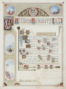 Illuminated Address "Bon Voyage, To William Sommers Esq. J.P.....Your Friends & Fellow Citizens in the Town of Geelong....4th April 1889". Sommers served as Council Alderman & Mayor of Geelong & was presented this address upon his leaving for England. 30 