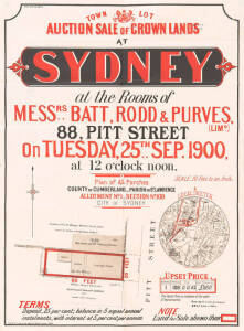 "Town Lot Auction Sale of Crown Lands at SYDNEY" lithograph real estate advertising with locality map, circa 1900. Litho'd & Printed at the Dept. of Lands Sydney. 47 x 63cm