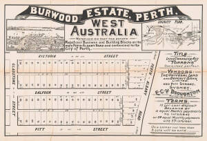 "BURWOOD Estate, Perth" & "ALBERT PARK Estate, Perth" lithograph broadside real estate advertising both with locality map & one with engraved view, printed by Websdale, Shoosmith & Co Litho, Sydney. Some rips along the folds & the bottom margin. Early 20t