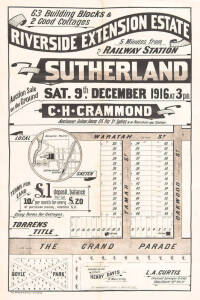 "RIVERSIDE EXTENSION ESTATE, SUTHERLAND, Sydney" lithograph real estate advertising with locality map, circa 1916. Printed by W.C.Penfold & Co Ltd. Litho. Sydney. 51 x 74cm