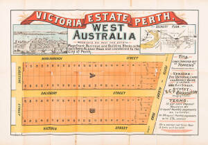 "VICTORIA Estate, Perth, West Australia" lithograph real estate advertising with ilthograph view & locality map, printed by Websdale, Shoosmith & Co Litho, Sydney. Multiple rips particularly to the folds. 78 x 57cm
