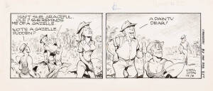 "WALLY AND THE MAJOR", original cartoons (40) by Carl Lyon (1903-82), pen & ink on paper, all signed lower right, each about 56x21cm. Australian humour related to romantic incompetence (33), the foreign (7). G/VG condition.