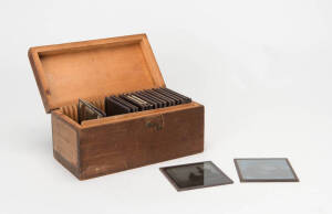 Glass lantern slides; group of (19) of which (16) appear to be candid early bush scenes most likely from East Gippsland showing fishing & boating scenes. Housed in period timber box. (20 items)