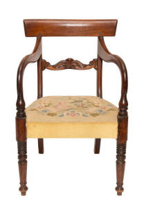 An early colonial Australian red cedar carver chair with finely turned Georgian legs & tapestry seat. Circa 1820/30s