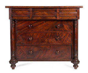 Early Australian cedar 6 drawer chest. Full cedar construction with turned columns and rounded cross banded edge. 19th century patina, circa 1840. Height 119cm, width 139cm, depth 62cm