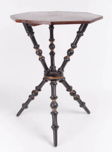 Antique splatter work Gypsy/wine table c1880. Octagonal top decorated with stencil work fern & wattle motif. Tripod base with ebonized turned legs & gilt highlights. Original patina, slight water damage spot on top. Height 66cm