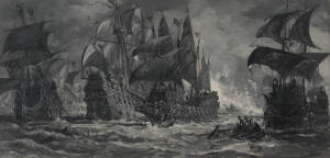 J.W CURTIS (CIRCA 1839-1901), The Sea Battle 1887, oil on board, signed and dated 'JW CURTIS 87' and inscibed lower left, 28.5 x 60.5 cm