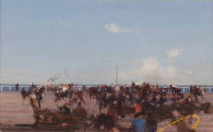 JOHN MCQUALTER (BORN 1949), The Departing Ferry, Sorrento, oil on canvas on board, signed 'MCQUALTER' lower left, 25 x 40 cm