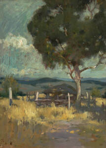 LINDSAY BERNARD HALL (1859-1935): Flinders Pastoral 1901, oil on board, signed 'B. Hall' lower left, bears Seddon Galleries label verso. 40 x 29.5 cm