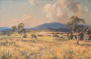JAMES RANALPH JACKSON (1882-1975): Mount Dandenong from Mount Waverley 1956, oil on canvas, signed and dated 'James R Jackson 56' lower left, bears Seddon Galleries label verso, 60.5 x 91 cm, PROVENANCE: Seddon Galleries Melbourne, Commercial Union Assura