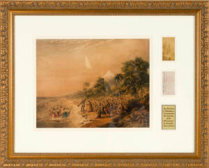 "The Reverend J.Waterhouse Superintending the Landing of the Missionaries at Taranaki, New Zealand" colour print. Framed with rare carte de visite portrait of Waterhouse & Cakobau the first Christian king of Fiji. Cakobau presented his war club to Queen V