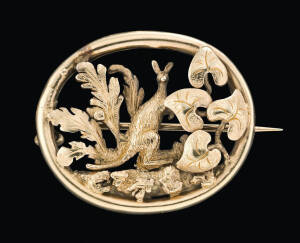 A gold brooch with kangaroo, circa 1860, length 2.5cm, width 2.9cm. (Reference p.69 Australian Jewellery, 19th & 20th Century, Anne Schofield, Kevin Fahy)