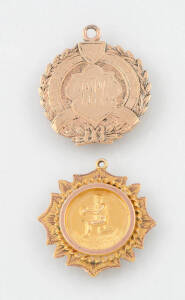 Two gold fobs, one a Ballarat Painters Union fob dated 1932 by Willis, Melbourne, the other football medallion dated 1928 by Aronson and Co, Melbourne, both stamped 9ct, weight 12.5 grams.