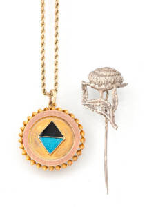 An enamelled fob pendant on chain, Willis, Melbourne, inscribed Scrubby Creek 1920, 9ct rose and yellow gold together with a silver warratah stick pin.&nbsp;