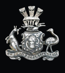 A silver brooch, Coat of Arms Hobart, F.A. Flint, Hobart, bearing the lettering 'SIC FORTIS HOBARTIA GREVIT', signed F.A.F. marked silver (Reference p.99 Australian Jewellers, Cavill, Cocks & Grace)