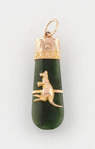 A New Zealand greenstone fob, Willis, Melbourne, kangaroo motif,&nbsp;9ct yellow gold.